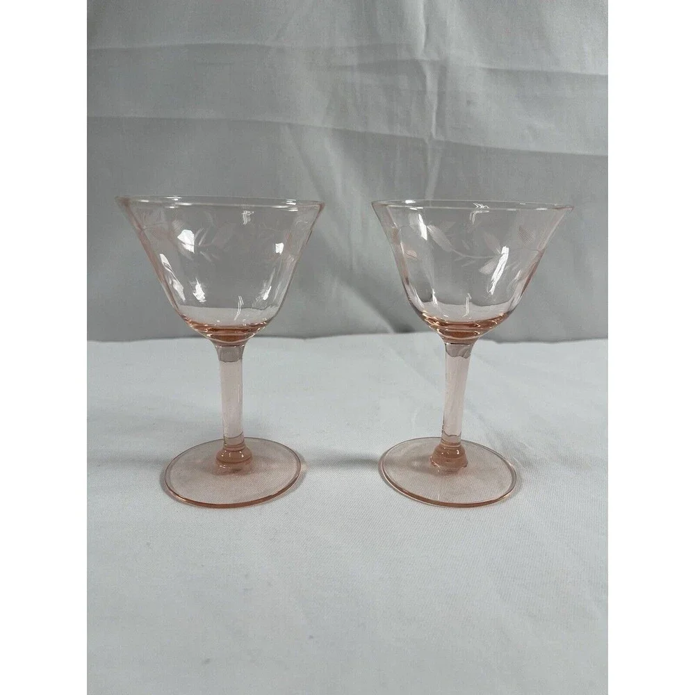 Lot of 2 Vintage Pink Depression Wine Glass Floral Etched #676